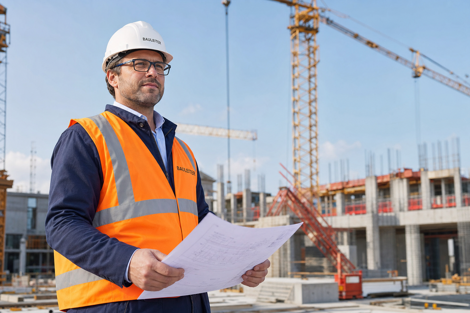 Bauunternehmer mit Bauplan vor einer Baustelle – Baufirma gründen
