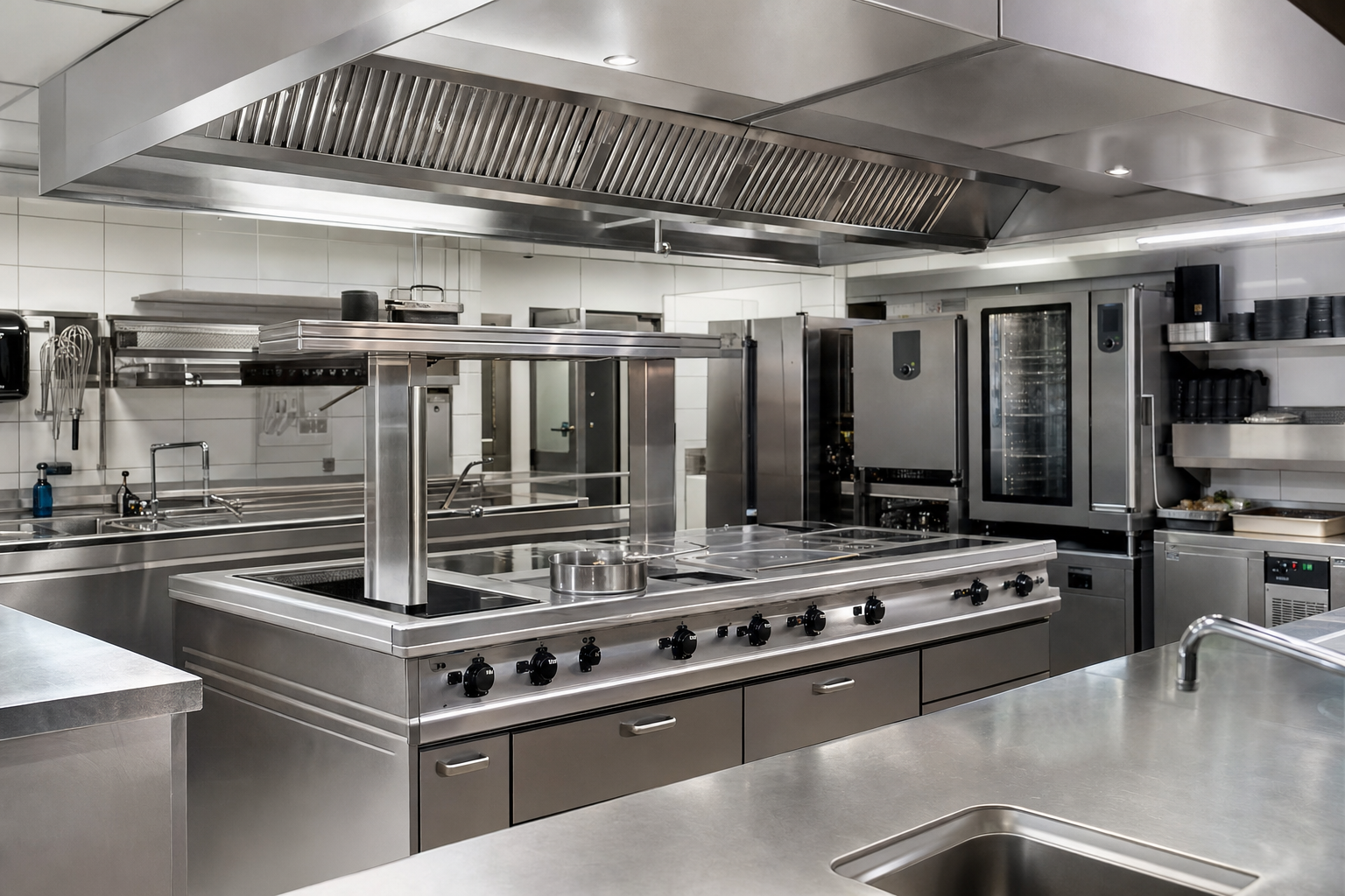 Professionelle Gastronomieküche mit Edelstahlausstattung und Ablufthaube – Bistro Küche Fettabscheider