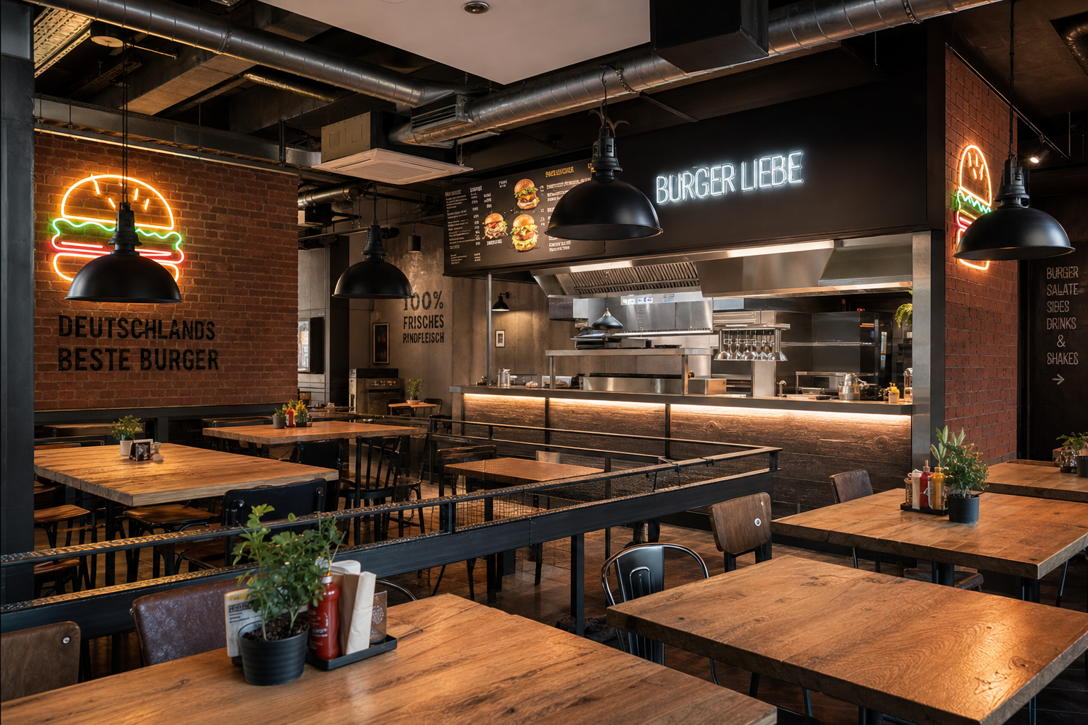 Modernes Fast-Casual Burger-Restaurant Interieur mit Industriedesign und Neon-Schildern – Burgerladen eröffnen
