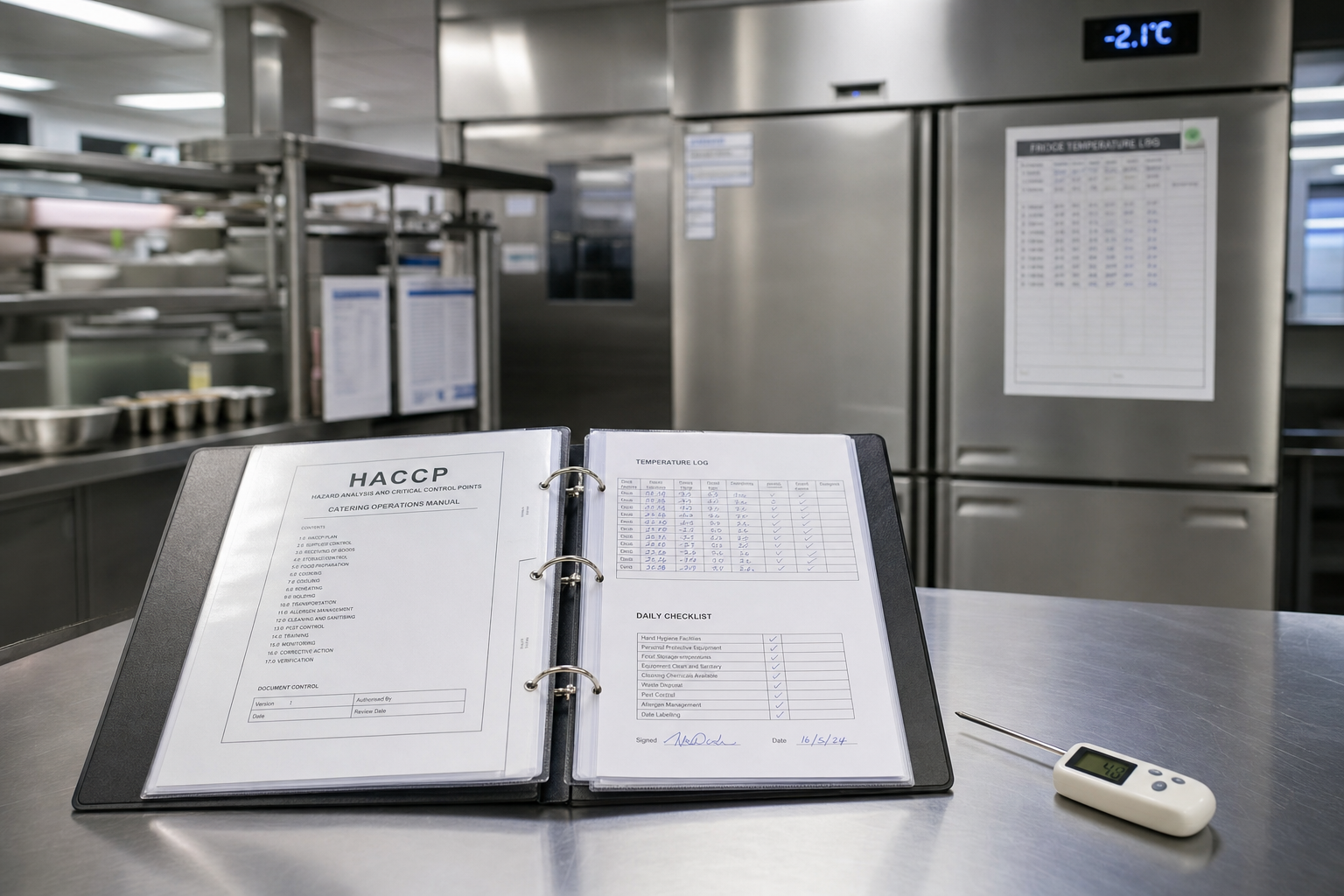 HACCP-Dokumentationsmappe auf einem Edelstahl-Arbeitstisch in einer professionellen Catering-Küche mit Temperaturanzeige – HACCP-Konzept Catering