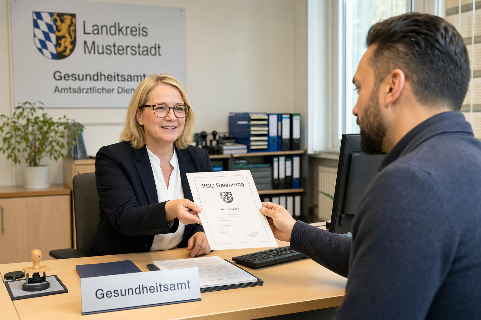 Gesundheitsamt-Mitarbeiterin übergibt IfSG-Belehrungsbescheinigung an Catering-Gründer – IfSG-Belehrung Catering