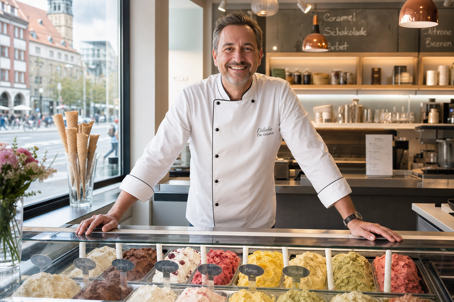Eisdiele-Inhaber steht hinter einer bunten Gelato-Vitrine in einer modernen deutschen Eisdiele – Eisdiele eröffnen 2026