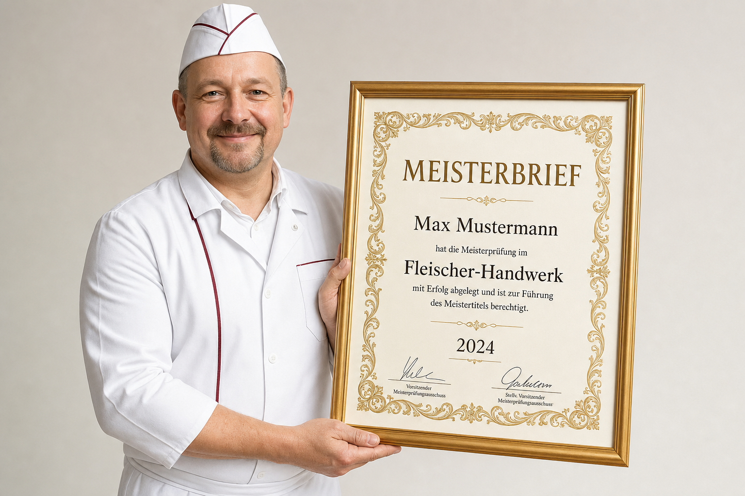 Fleischermeister hält seinen Meisterbrief im Fleischer-Handwerk