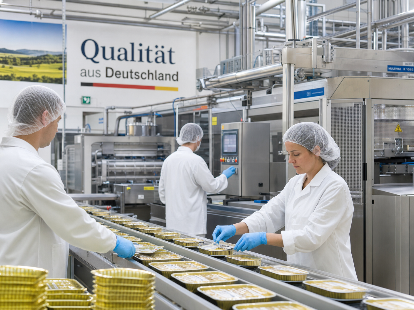 Lebensmittelproduktion in einer deutschen Lohnhersteller-Anlage mit Mitarbeitern in weißen Kitteln – Copacker Food Startup