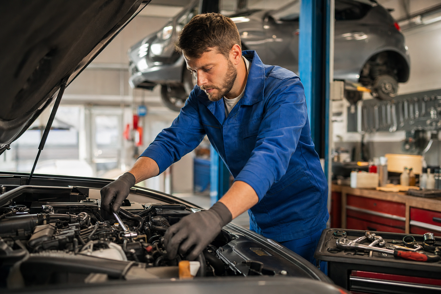 KFZ-Meister steht in einer modernen Autowerkstatt mit Hebebühne und Diagnosegeräten