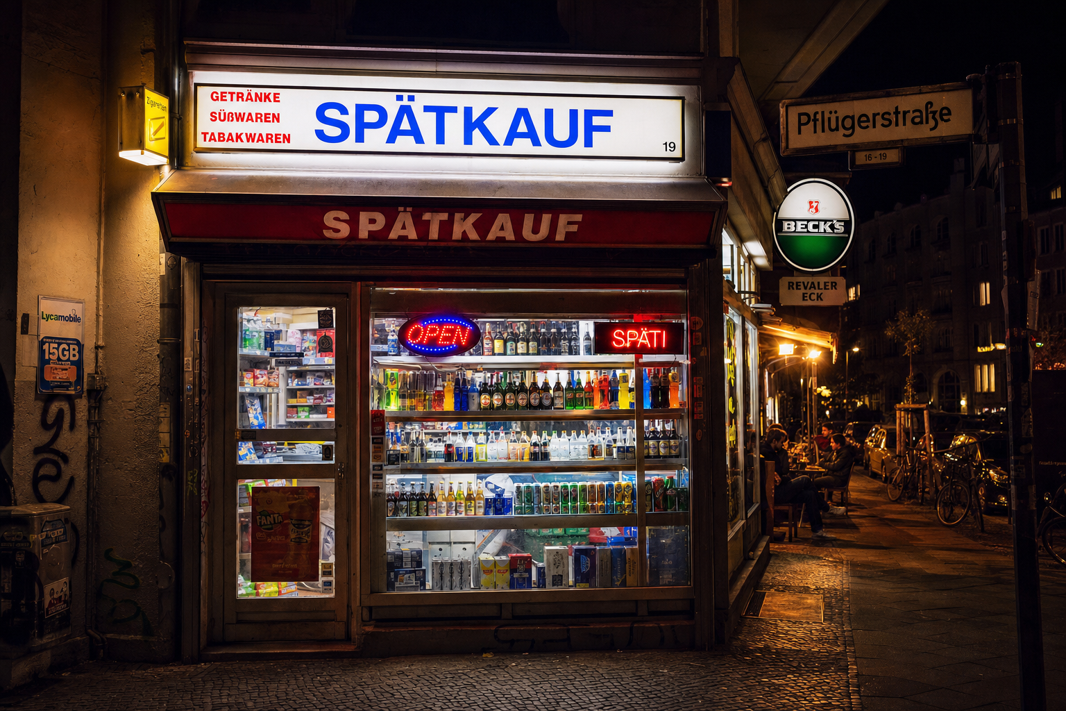 Berliner Spätkauf (Späti) bei Nacht mit beleuchtetem Schaufenster und Getränken – Kiosk Späti eröffnen Berlin