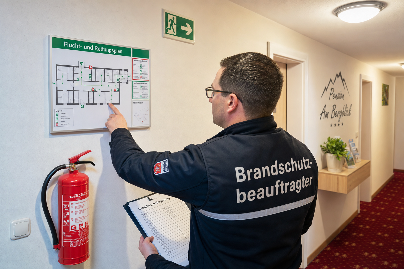 Brandschutzexperte prüft Fluchtwegplan und Brandschutztüren in einem deutschen Beherbergungsbetrieb – Brandschutz Pension