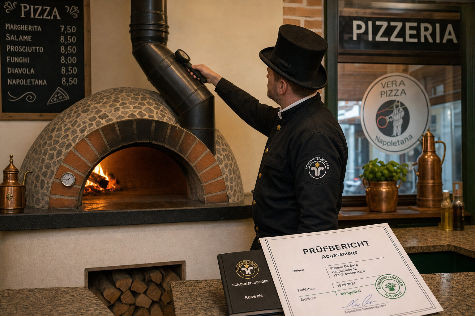Schornsteinfeger prüft den Kaminzug eines Holzofens in einer deutschen Pizzeria mit Prüfbericht – Holzofen Pizzeria Genehmigung