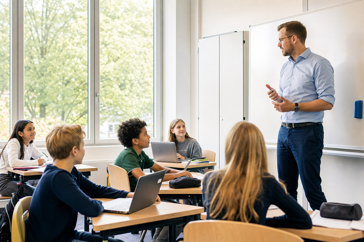 Privatschule gründen: Lehrerin unterrichtet Schüler in moderner Privatschule
