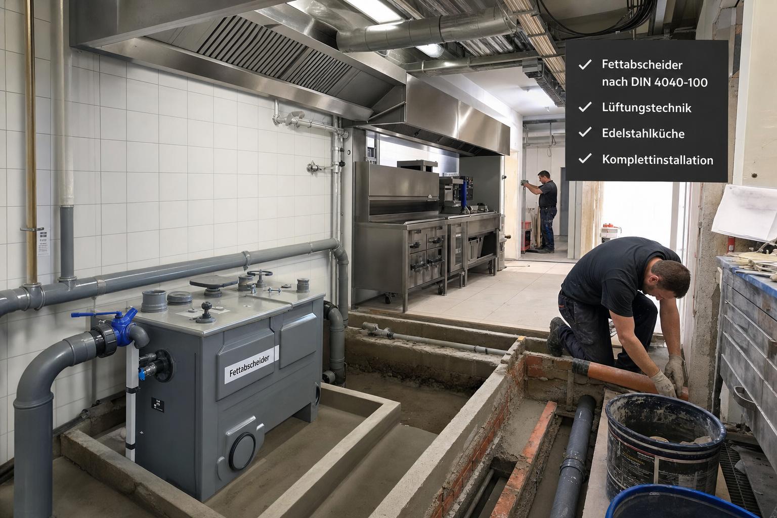 Einbau eines Fettabscheiders und Lüftungsanlage in einer deutschen Restaurantküche – Restaurant Umbau Fettabscheider