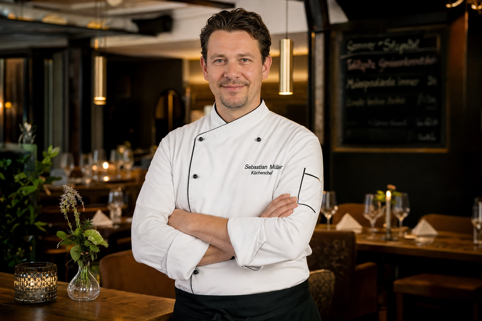 Küchenchef steht selbstbewusst in einem modernen deutschen Restaurant – Restaurant eröffnen 2026