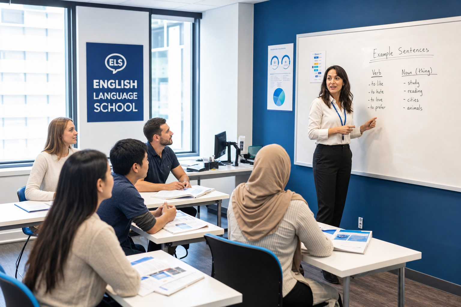 Sprachschullehrerin unterrichtet internationale Gruppe – Sprachschule gründen