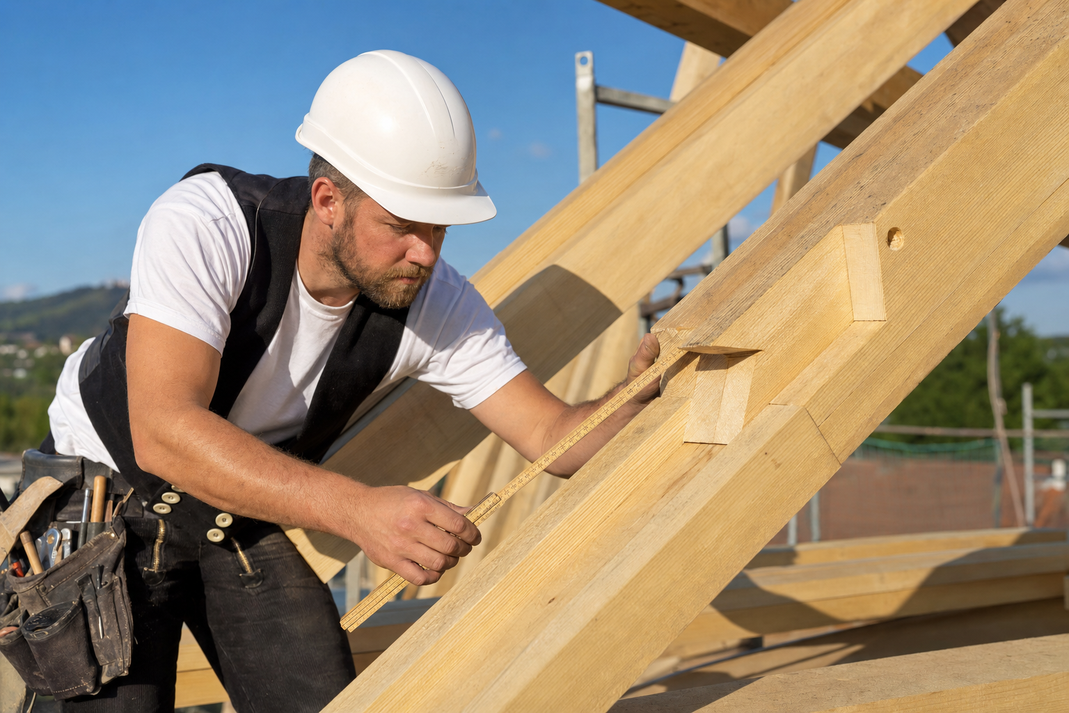 Zimmermeister steht mit Sicherheitsgurt und Helm auf einem frisch errichteten Dachstuhl aus Holz