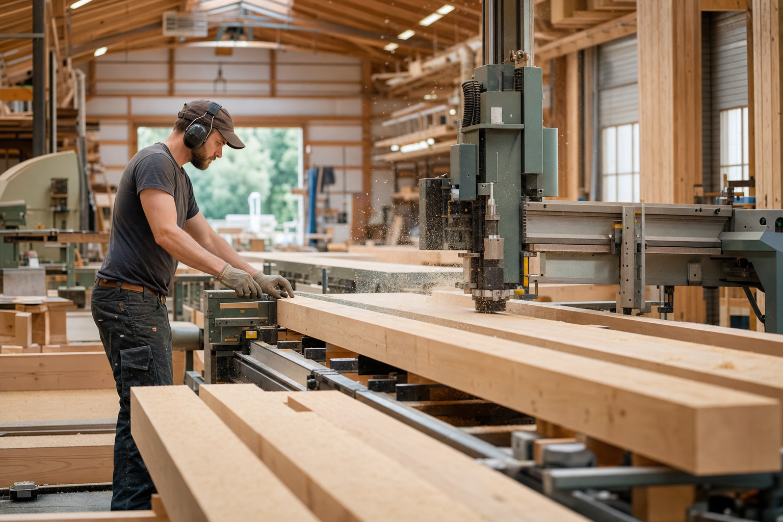 Moderne Zimmerei-Werkstatt mit CNC-Abbundmaschine, KVH-Holzstapeln und professionellem Werkzeug