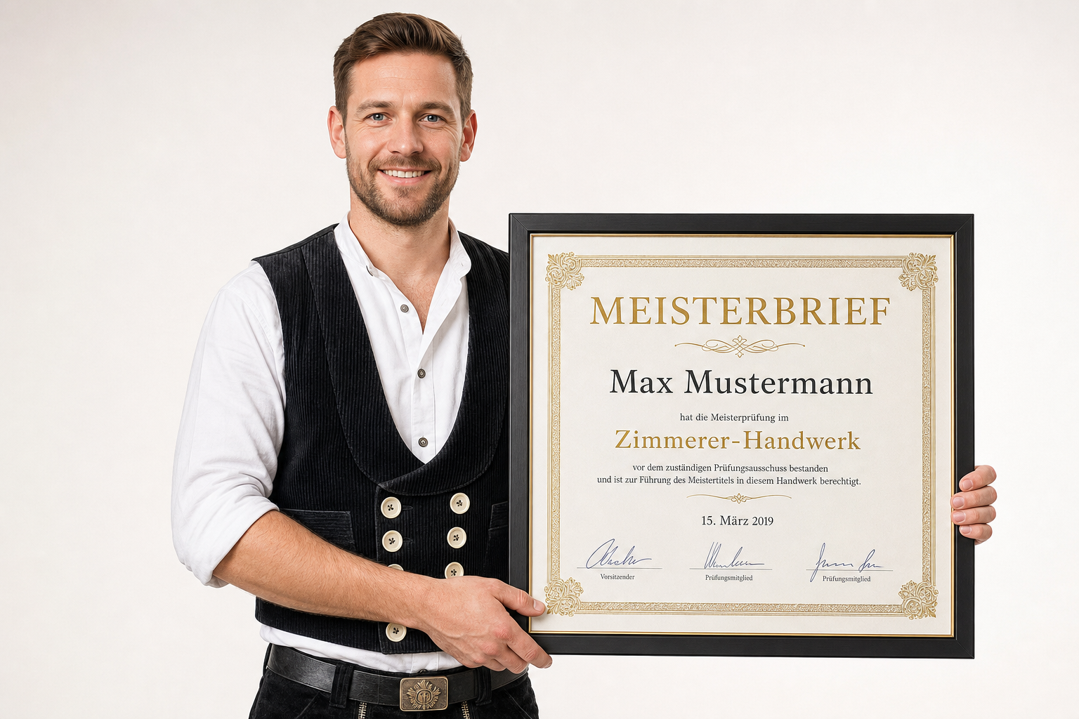 Zimmermeister hält seinen Meisterbrief – Urkunde mit Name und Handwerksbezeichnung